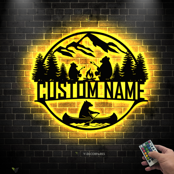 Personalized Camping Bears Metal Sign With Led Lights, Custom Name Family Bears Camper Metal Wall Art, Camp Life Camping Outdoor Metal Decor