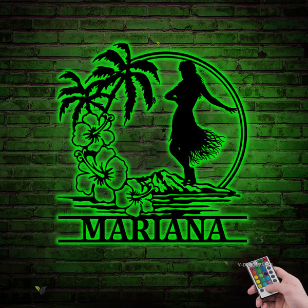 Personalized Hawaiian Hula Dancer Metal Wall Art With Led Lights, Hula Dancing Metal Beach House Decor, Hawaiian Hula Dance Metal Led Sign