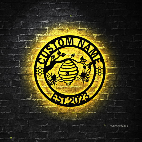 Personalized Bee Hive Metal Sign With Led Lights, Custom Family Name Honey Bee Metal Wall Art, Bee Keeper Bee Farm Metal Garden Outdoor Decor
