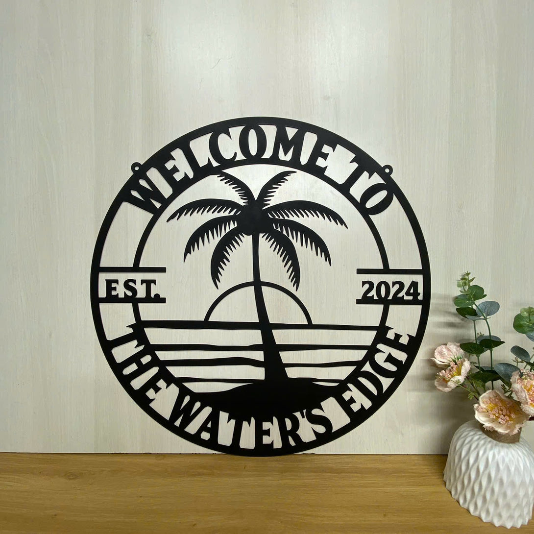 Custom Palm Tree Sunset Beach House Monogram Metal Sign, Personalzed Family Name Poolside Oasis Metal Sign, Patio Tiki Bar Metal Wall Outdoor Decor