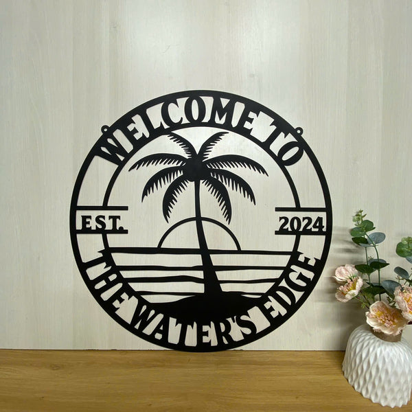 Custom Palm Tree Sunset Beach House Monogram Metal Sign, Personalzed Family Name Poolside Oasis Metal Sign, Patio Tiki Bar Metal Wall Outdoor Decor