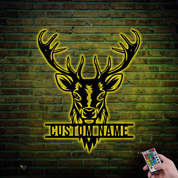 Custom Buck Head Deer Hunting Metal Wall Art Led Lights, Personalized Deer Hunter Metal Name Sign, Deer Head Antler Metal Sign Cabin Lodge Decor