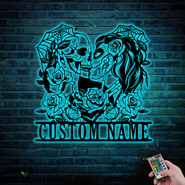 Custom Couple Skeleton Metal Wall Art Led Lights, Skeleton Lovers Metal Name Sign, Soulmate Forever Sugar Skull Metal Art, Gothic Skull Metal Sign