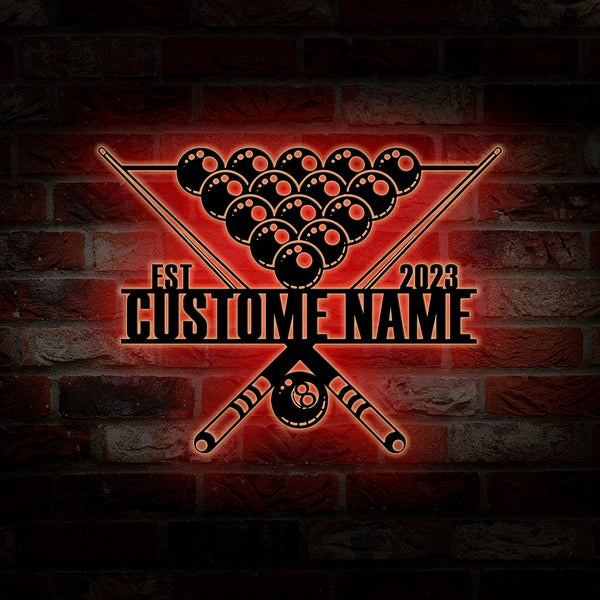 Custom Billiards Metal Wall Art With Led Lights, Personalized Snooker Player Metal Name Sign, Billiards Club Pool Game Man Cave Metal Decor