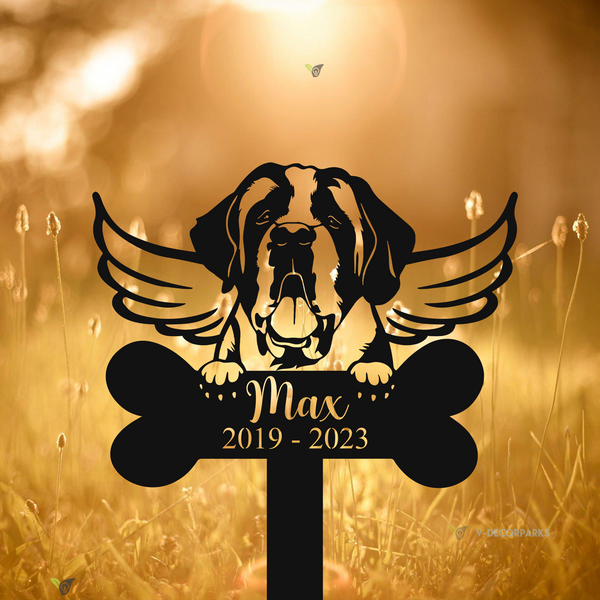 Personalized St. Bernard Dog Memorial Metal Stake, Dog With Wings Memorial Metal Garden Stake, Pet Metal Grave Marker, Dog Remembrance Stake