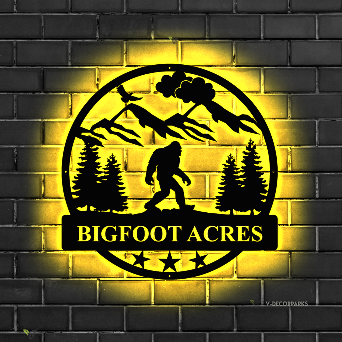 Custom Name Mountain Bigfoot Metal Sign Led Lights, Personalized Bigfoot Sasquatch Metal Cabin Sign, Yeti Bigfoot Metal Wall Art Man Cave Decor