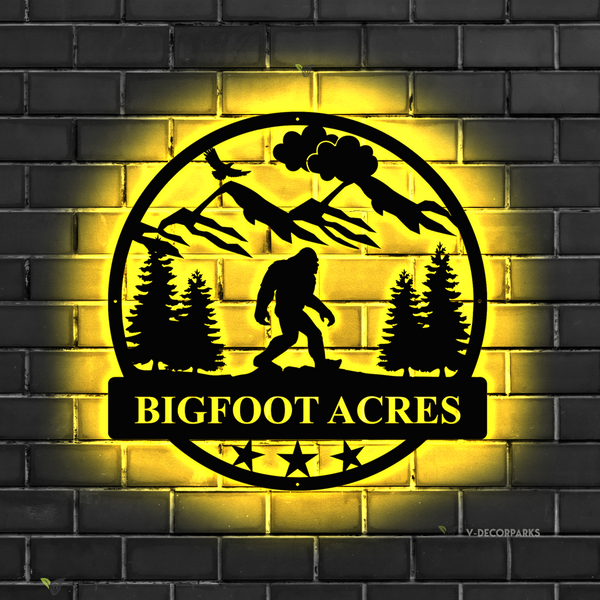 Custom Name Mountain Bigfoot Metal Sign Led Lights, Personalized Bigfoot Sasquatch Metal Cabin Sign, Yeti Bigfoot Metal Wall Art Man Cave Decor