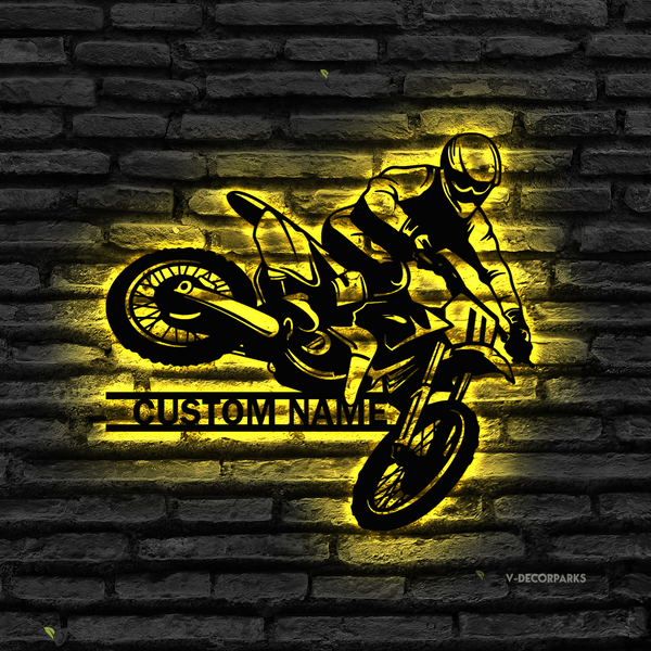 Personalized Dirt Bike Metal Wall Art Led Lights, Motorcycle Monogram Metal Sign, Custom Motorcycle Biker Metal Name Sign, Metal Motocross Sign