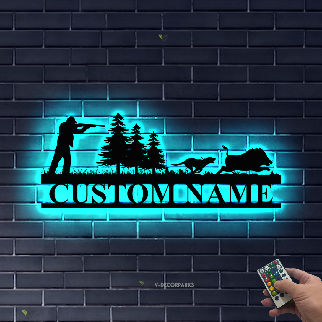 Custom Hound Wild Boar Hunting Metal Wall Art Led Lights, Personalized Hunter Metal Name Signs, Wildlife Boar Hunting Rustic Cabin Metal Decor