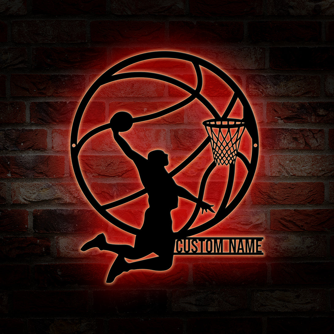 Custom Male Basketball Metal Sign Art With Led Lights, Personalized Basketball Player Metal Name Sign, Basketball Sport Metal Wall Art