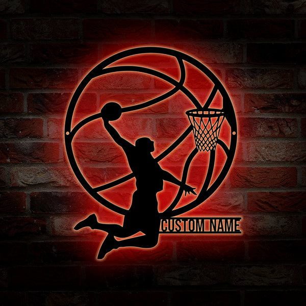 Custom Male Basketball Metal Sign Art With Led Lights, Personalized Basketball Player Metal Name Sign, Basketball Sport Metal Wall Art