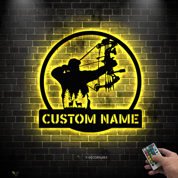 Custom Bow Hunting Metal Wall Art Led Lights, Personalized Bow Hunter Metal Name Sign, Wildlife Hunting Metal Sign, Rustic Hunting Lodge Metal Decor