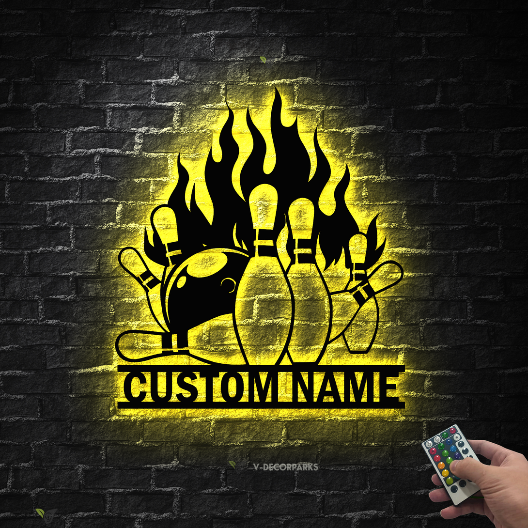 Custom Fire Bowling Pin And Ball Metal Wall Art Led Lights, Personalized Bowling Player Metal Name Sign, Bowling Strike Mancave Metal Decor