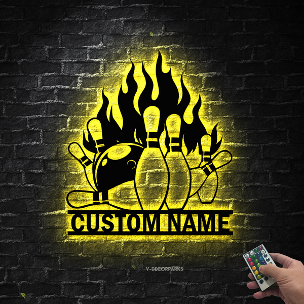 Custom Fire Bowling Pin And Ball Metal Wall Art Led Lights, Personalized Bowling Player Metal Name Sign, Bowling Strike Mancave Metal Decor