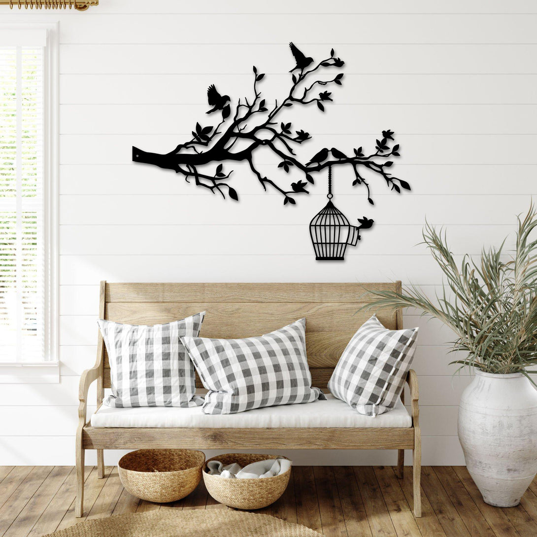 Birds On Branch Metal Wall Art, Love Birds Tree Metal Sign Art Living Room Decor, Birds Tree Branch Metal Wall Hangings Interior Home Decor