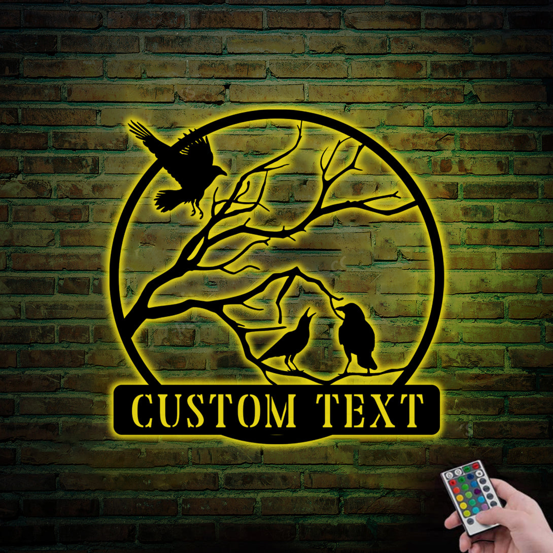 Custom Crows On Branch Metal Wall Art With Led Lights, Black Crow Metal Sign Wall Hanging Home Decor, Black Raven Metal Sign Housewarming Decor
