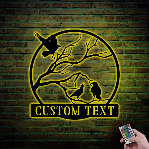 Custom Crows On Branch Metal Wall Art With Led Lights, Black Crow Metal Sign Wall Hanging Home Decor, Black Raven Metal Sign Housewarming Decor