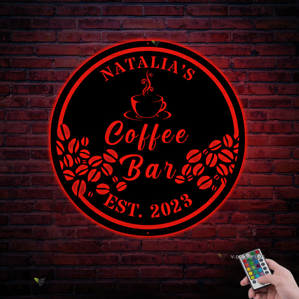 Personalized Coffee Bar Metal Wall Art Led Lights, Custom Coffee Bar Metal Name Sign, Coffee Metal Sign Home Kitchen Decor, Coffee Bar Sign