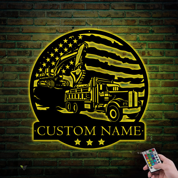 Custom Us Dump Truck With Track Hoe Excavator Metal Sign Led Lights, Personalized Name Truck Driver Metal Sign, Construction Vehicles Metal Wall Art