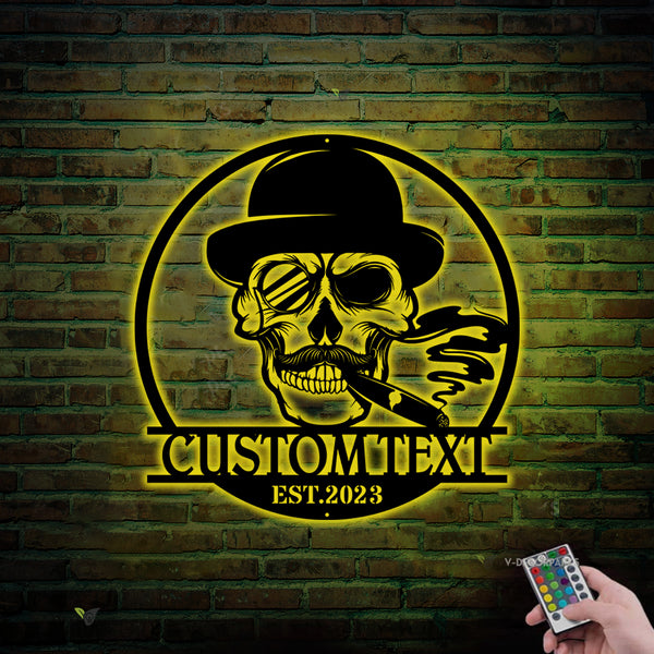 Custom Name Skull With Cigarette Metal Wall Art With Led Lights, Gangster Skull Smoking Cigar Metal Sign, Skeleton Cigarette Mancave Metal Art
