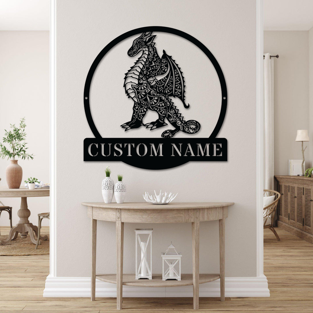 Custom Name Mandala Dragon Metal Wall Art, Personalized Dragon Metal Name Sign, Mythical Dragon Metal Sign, Dragon Lover Metal Wall Home Decor
