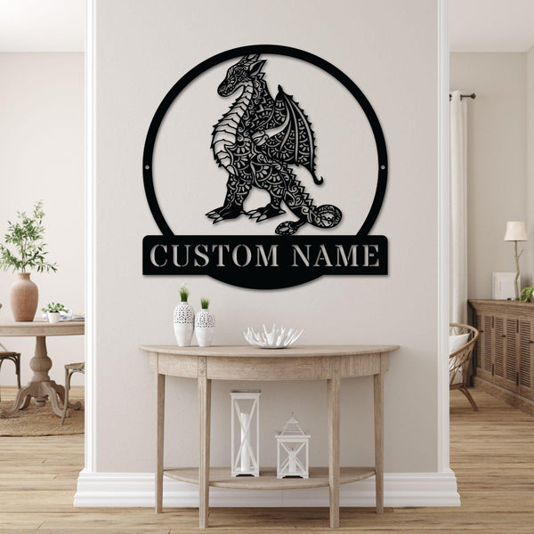 Custom Name Mandala Dragon Metal Wall Art, Personalized Dragon Metal Name Sign, Mythical Dragon Metal Sign, Dragon Lover Metal Wall Home Decor
