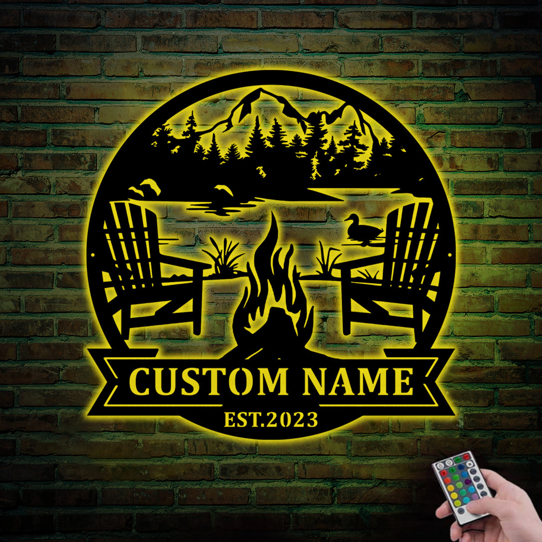 Custom Lake House Campsite Monogram Metal Wall Art Led Lights, Personalized Family Name Lake House Metal Sign, Lakeside Camping Metal Outdoor Decor