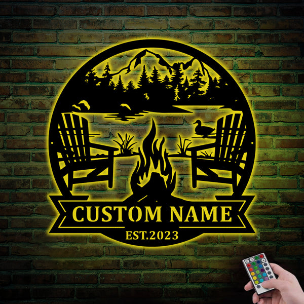 Custom Lake House Campsite Monogram Metal Wall Art Led Lights, Personalized Family Name Lake House Metal Sign, Lakeside Camping Metal Outdoor Decor