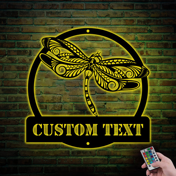Custom Dragonfly Metal Wall Art Led Lights, Personalized Dragonfly Monogram Metal Name Sign, Dragonfly Metal Garden Sign, Front Porch Home Decor