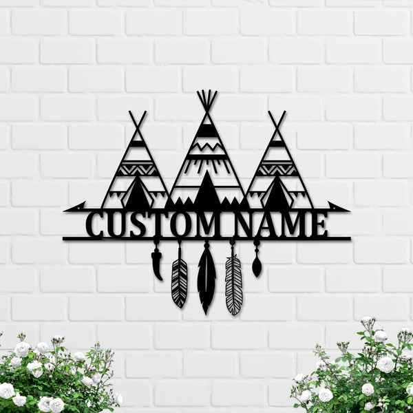 Custom Native American Teepee Metal Wall Art, Personalized Indian Name Sign Home Decor, Native American Teepee Camping Metal Sign