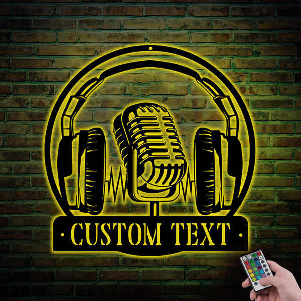 Custom Microphone Headphones Metal Wall Art Led Light, Personalized Music Audio Studio Sign, Music Room Studio Metal Sign Home Decor