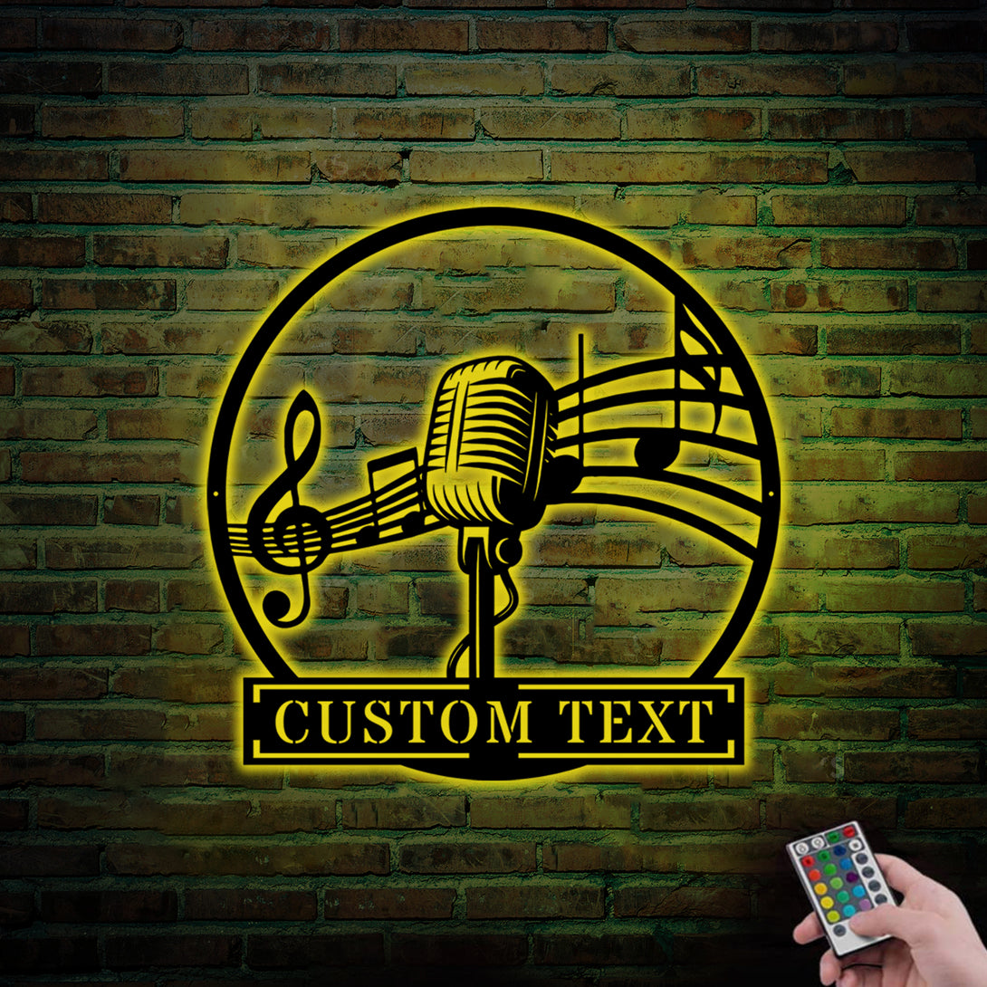 Personalized Microphone Metal Wall Art With Led Lights, Custom Name Microphone Metal Sign Music Room Decor, Karaoke Room Metal Wall Led Sign