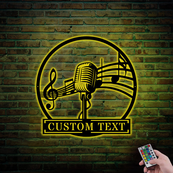 Personalized Microphone Metal Wall Art With Led Lights, Custom Name Microphone Metal Sign Music Room Decor, Karaoke Room Metal Wall Led Sign