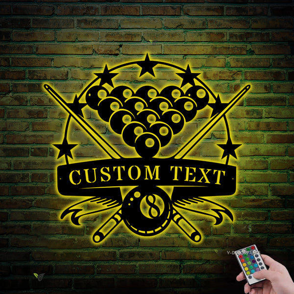 Custom Name Billiards Metal Wall Art With Led Lights, Personalized Billiards Pool Player Metal Name Signs, Billiards Metal Sign Mancave Decor