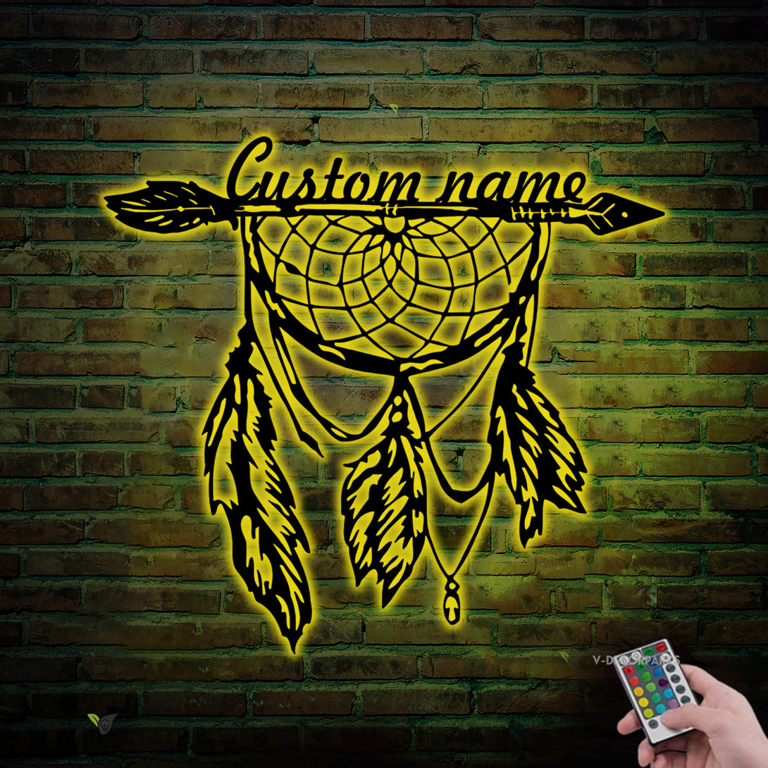 Custom Arrow Feathers Dreamcatcher Metal Metal Wall Art Led Lights, Native American Arrow Feathers Metal Sign, Native Arrow Metal Home Decor
