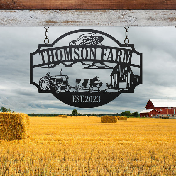 Personalized Name Farmhouse Metal Entrance Sign, Custom Cow Farm Barn Tractor Monogram Sign, Farm Animal Metal Sign Outdoor Decor