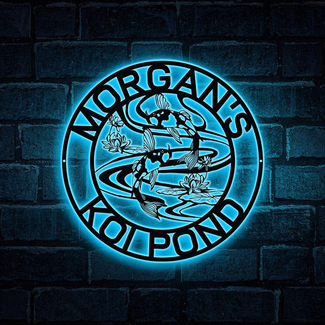 Custom Koi Pond Monogram Metal Sign With Led Lights, Koi Fish Metal Wall Art, Custom Koi Pond Metal Name Sign, Ying Yang Koi Fish Metal Sign