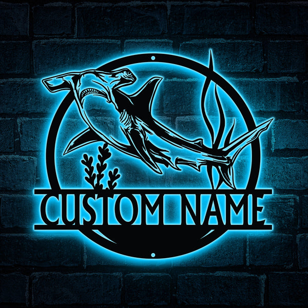 Custom Hammerhead Shark Metal Wall Decor With Led Lights, Hammerhead Shark Metal Name Sign, Hammerhead Shark Ocean Life Beach House Decor