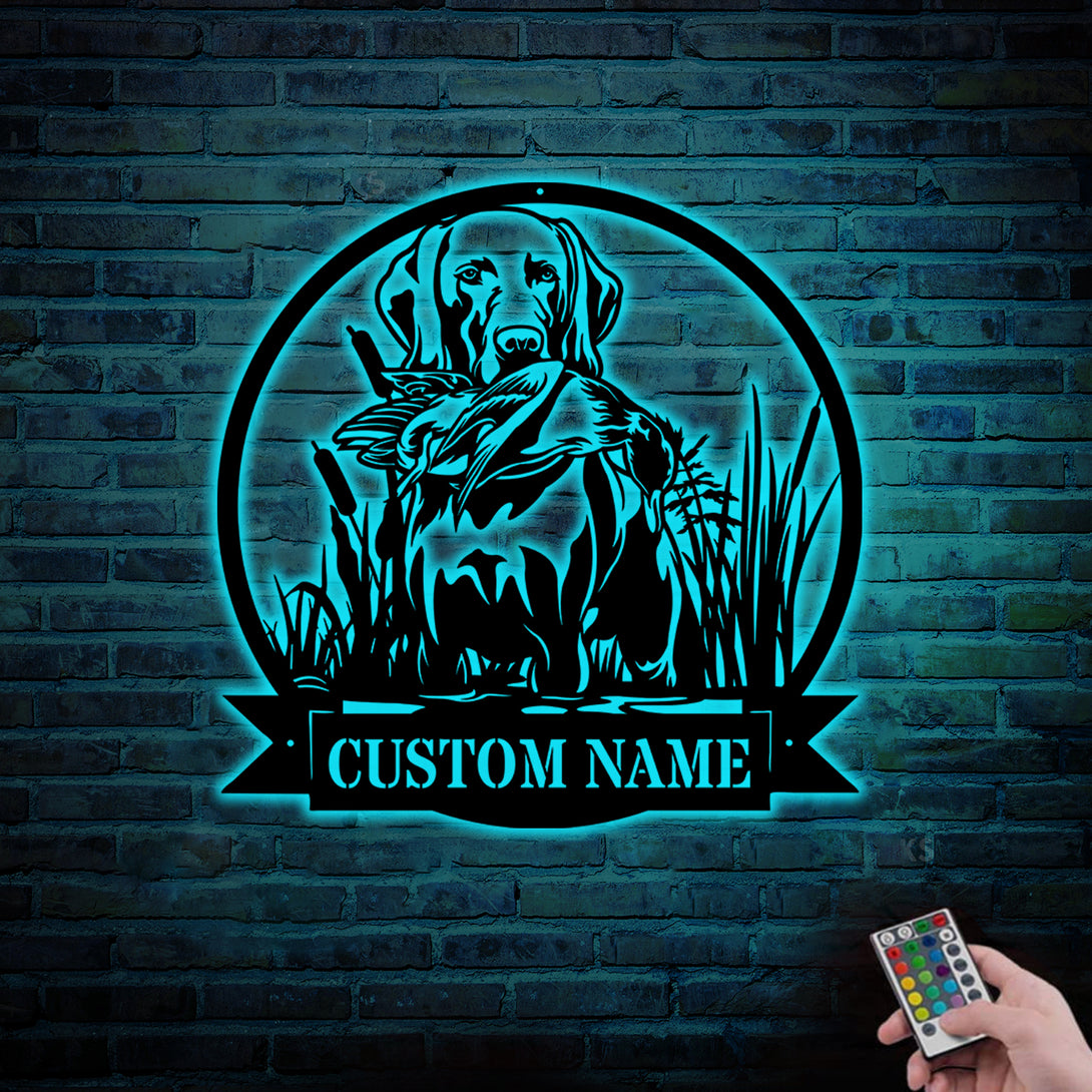 Custom Chesapeake Bay Retriever Dog Hunting Metal Wall Art Led Lights, Personalized Hunter Metal Name Sign, Duck Hunting Metal Sign Cabin Decor
