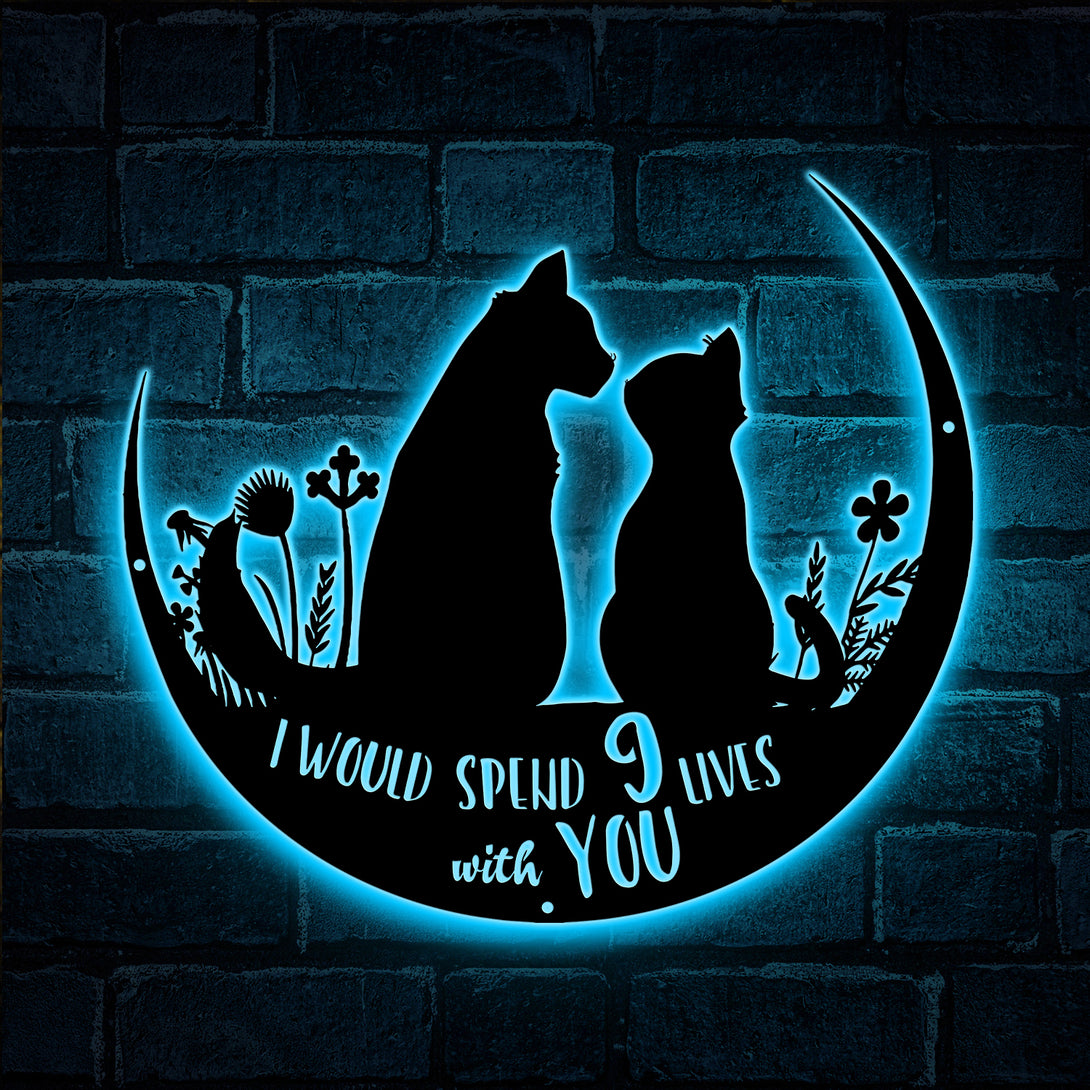 Couple Cats Spend 9 Lives With You Metal Sign Led Lights, Couple Cats On Moon Metal Sign Art, Cat Lovers Metal Wall Hanging Sign