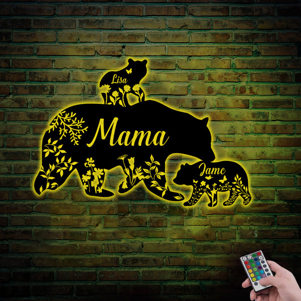 Custom Floral Mama Bear Metal Wall Art With Led Lights, Personalized Mama Bear Family Name Metal Sign, Mama Bear Metal Wall Hanging Home Decor