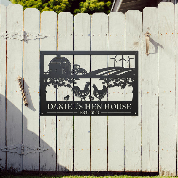 Custom Chicken Farmhouse Metal Sign, Personalized Chicken Hen House Metal Name Sign, Chicken Coop Metal Wall Hanging Outdoor Decor