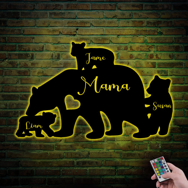 Personalized Mama Bear Family Metal Wall Art Led Lights, Custom Mama Bear & Kids Metal Name Sign, Mama Bear Mothers Day Metal Led Sign