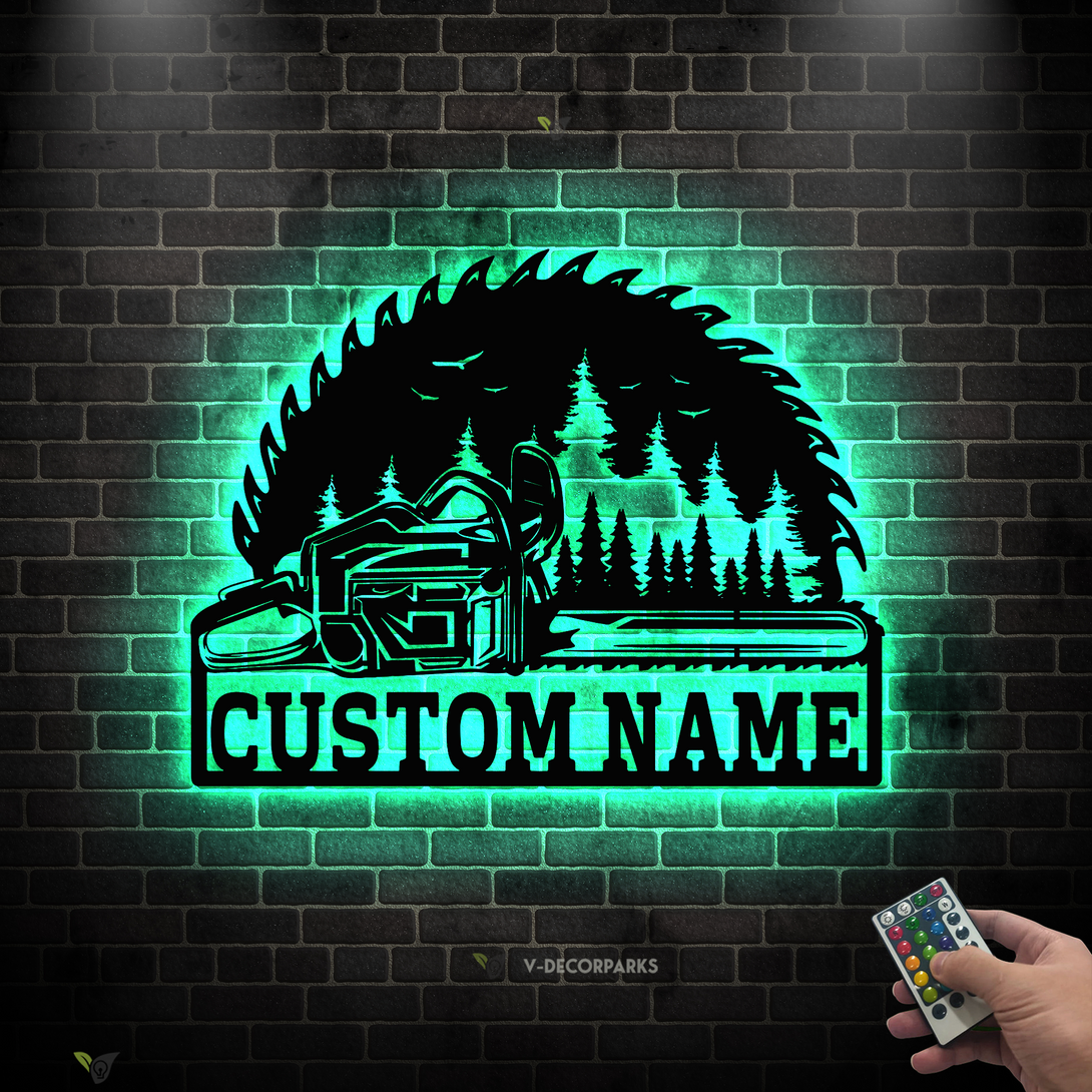 Custom Chainsaw Wood Metal Wall Art Led Lights, Personalized Woodworker Metal Name Sign, Custom Name Logger Sign, Woodworking Metal Wall Decor