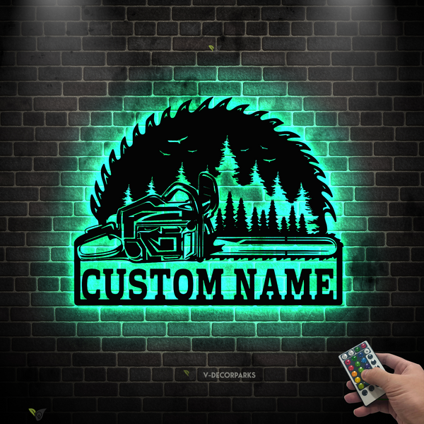 Custom Chainsaw Wood Metal Wall Art Led Lights, Personalized Woodworker Metal Name Sign, Custom Name Logger Sign, Woodworking Metal Wall Decor