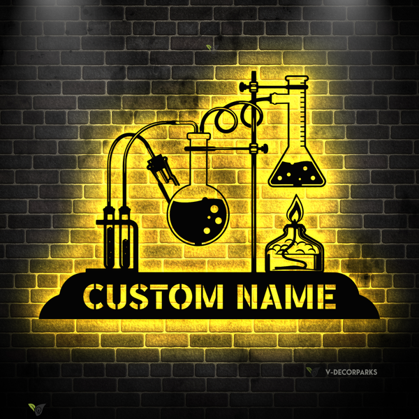 Custom Name Chemistry Teacher Metal Sign With Led Lights, Personalized Science Teacher Metal Name Sign, Chemistry Laboratory Metal Wall Art Decor