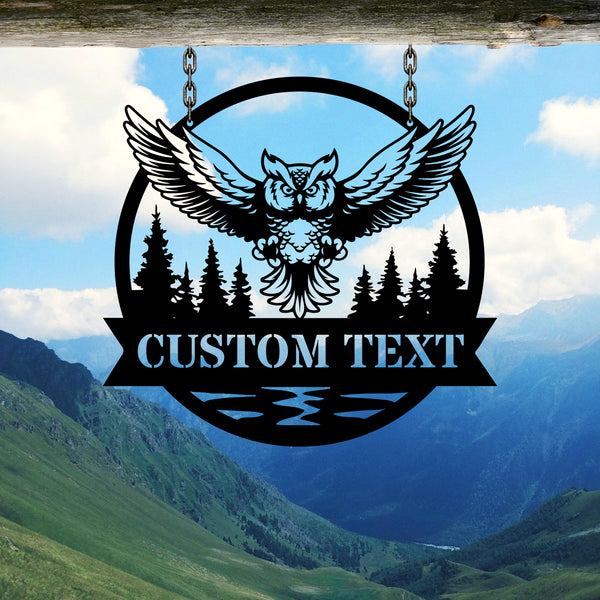 Personalized Nature Forest Owl Metal Sign, Custom Owl Monogram Metal Wall Art, Wildlife Forest Scene Owl Metal Sign Man Cave Outdoor Decor
