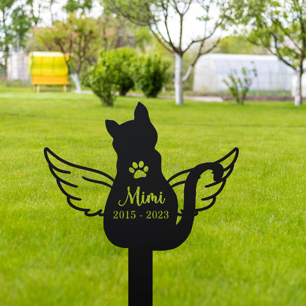 Personalized Cat Angel Wings Metal Grave Marker, Custom Cat Memorial Metal Stake, Pet Memorial Garden Stake, Angel Cat Metal Remembrance Stake