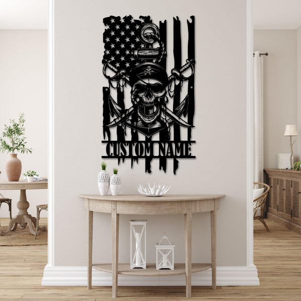 Custom Us Flag Pirate Skull Anchor Metal Wall Art, American Pirate Ship Metal Sign Home Decor, Skeleton Piracy Nautical Beach House Metal Sign