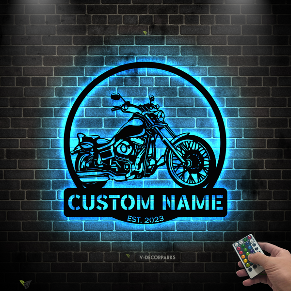 Custom Motorcycle Metal Wall Art With Led Lights, Personalized Name Motorcycle Metal Sign, Motorbike Garage Man Cave Metal Wall Hanging Decor